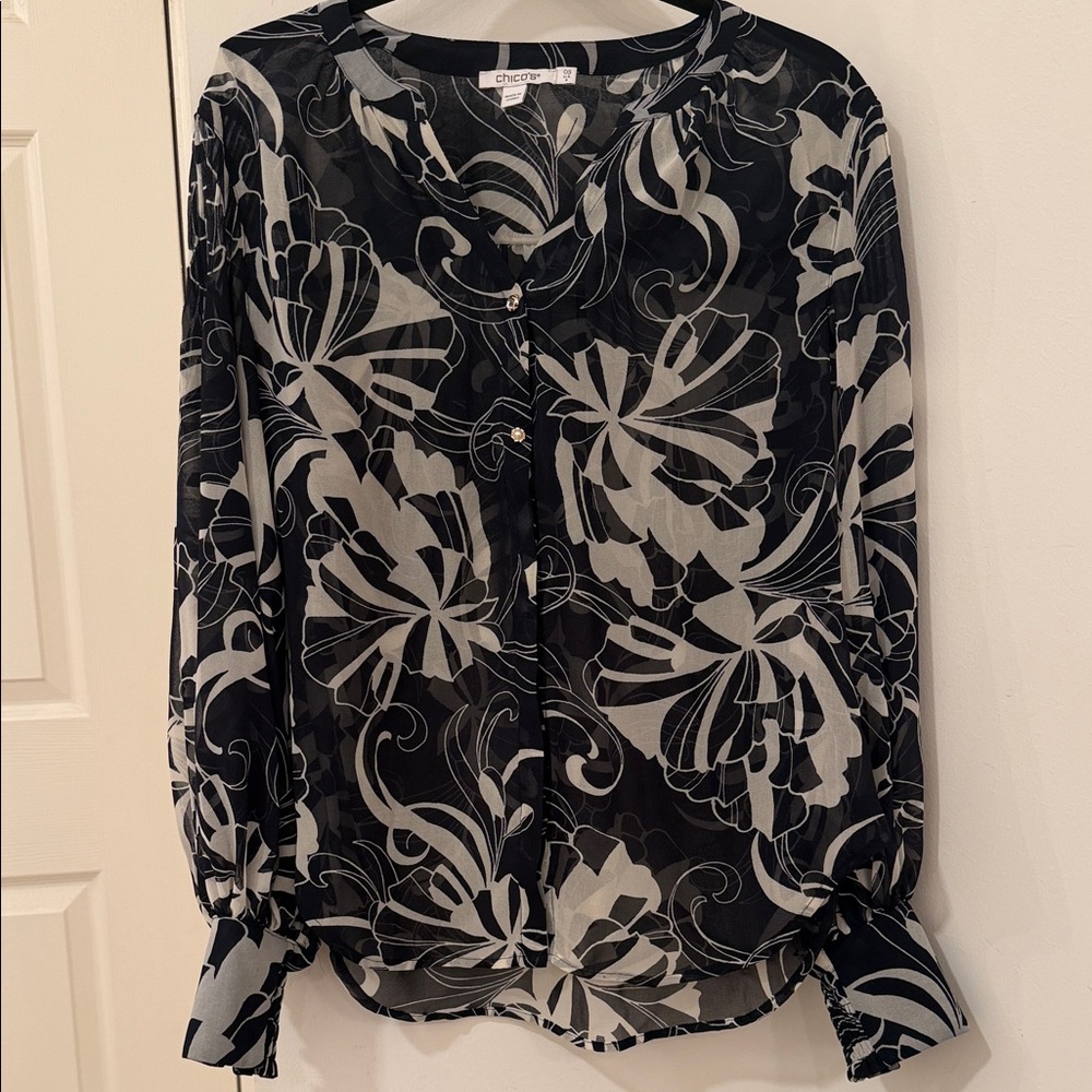Chico's Elegant Black and Gray Patterned Blouse